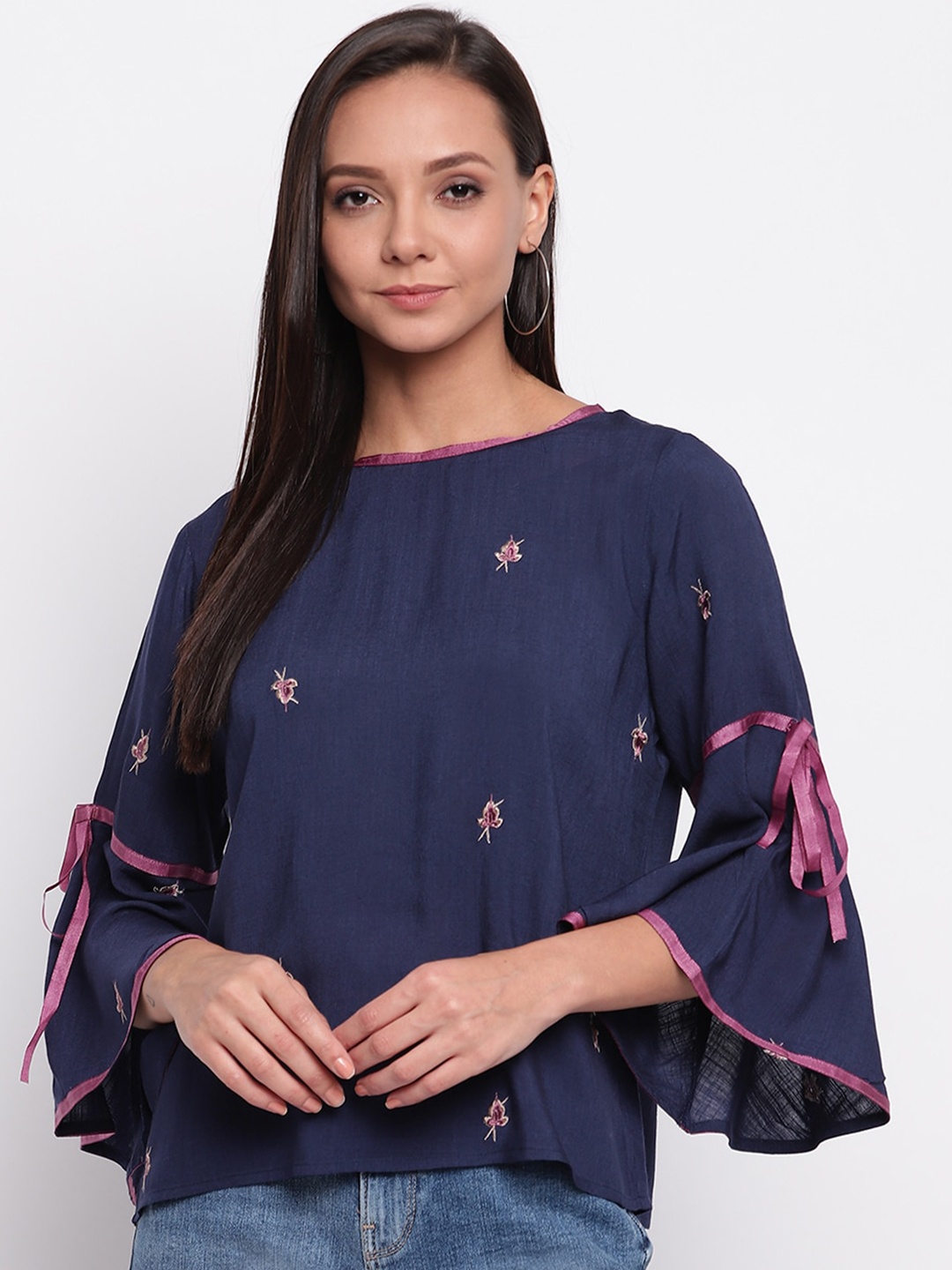 

Mayra Bell Sleeves Floral Embroidered Top, Navy blue