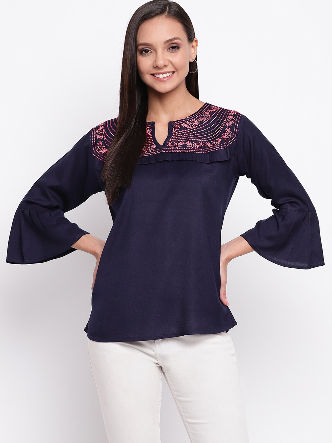 

Mayra Bell Sleeves Notch Neck Embroidered Top, Navy blue