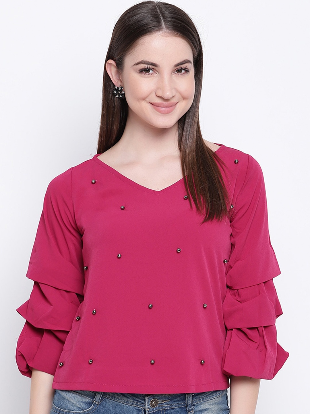 

Mayra Beads Embellished Flared Sleeves Top, Magenta