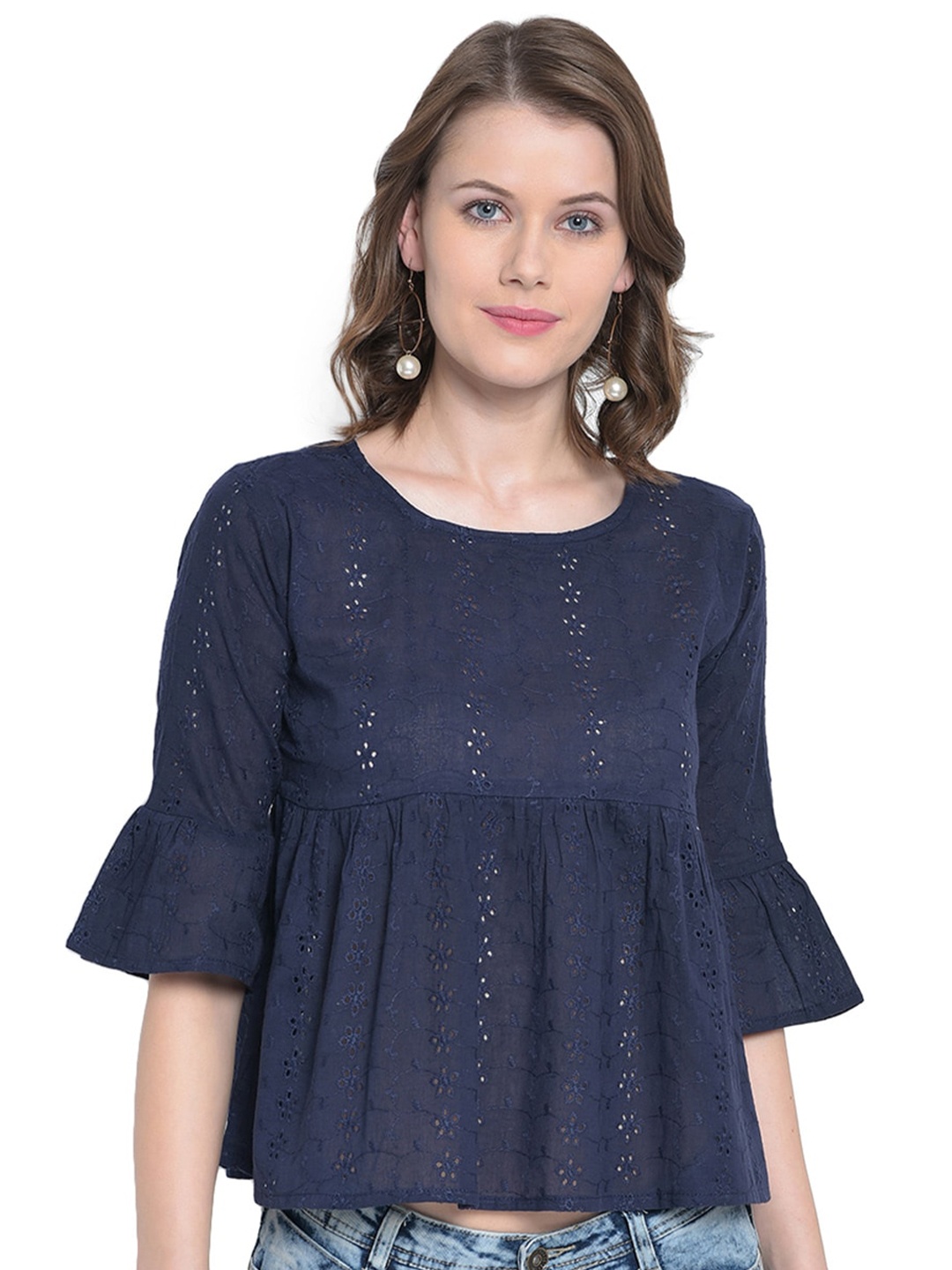 

Mayra Self Design Bell Sleeves Schiffli Pure Cotton Top, Blue