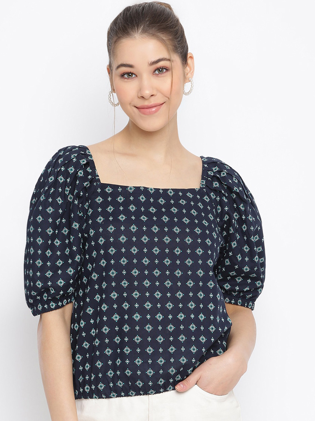 

Mayra Ethnic Printed Square Neck Puff Sleeves Pure Cotton Top, Navy blue