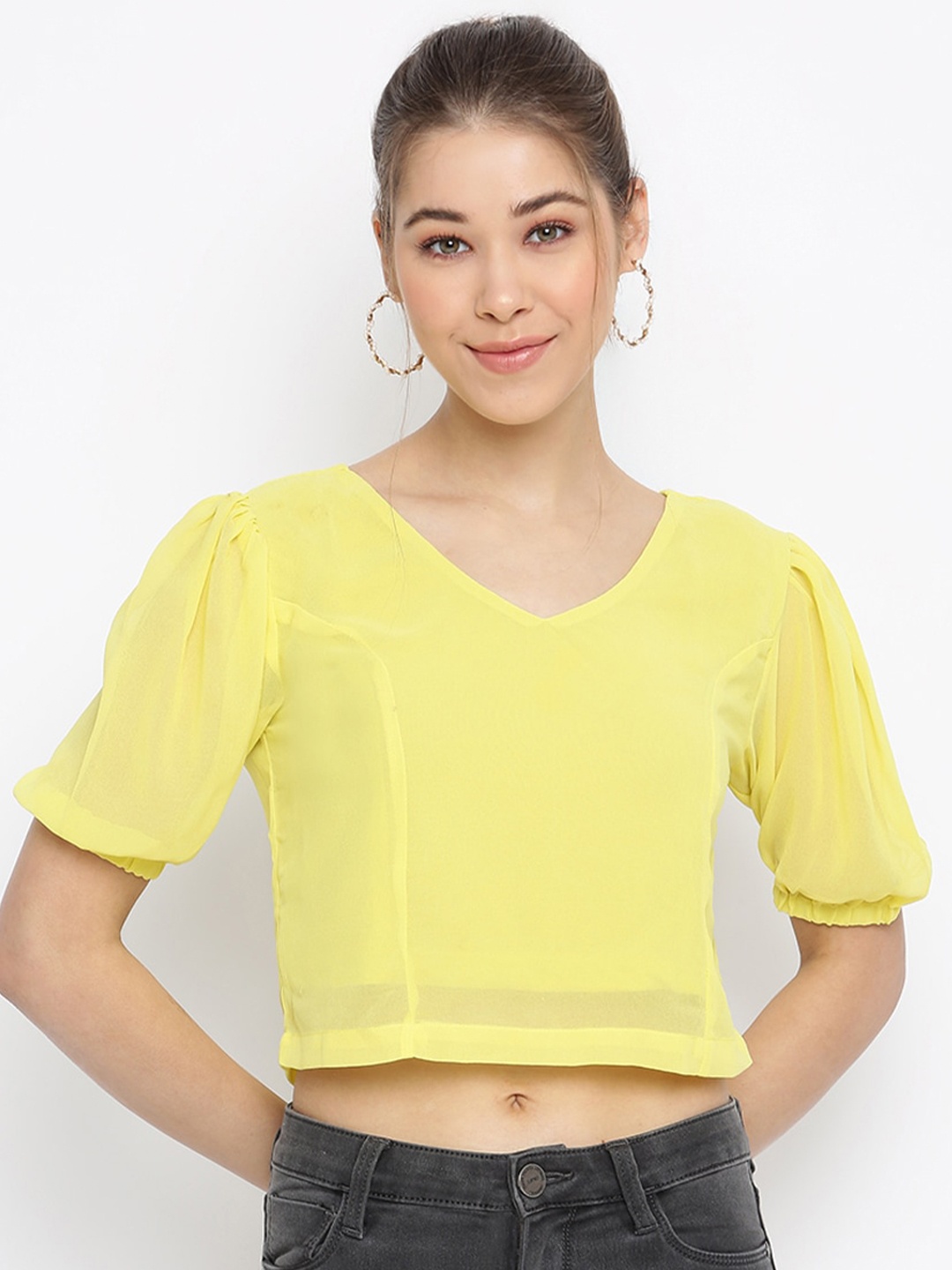 

Mayra Puff Sleeves V-Neck Georgette Crop Top, Yellow