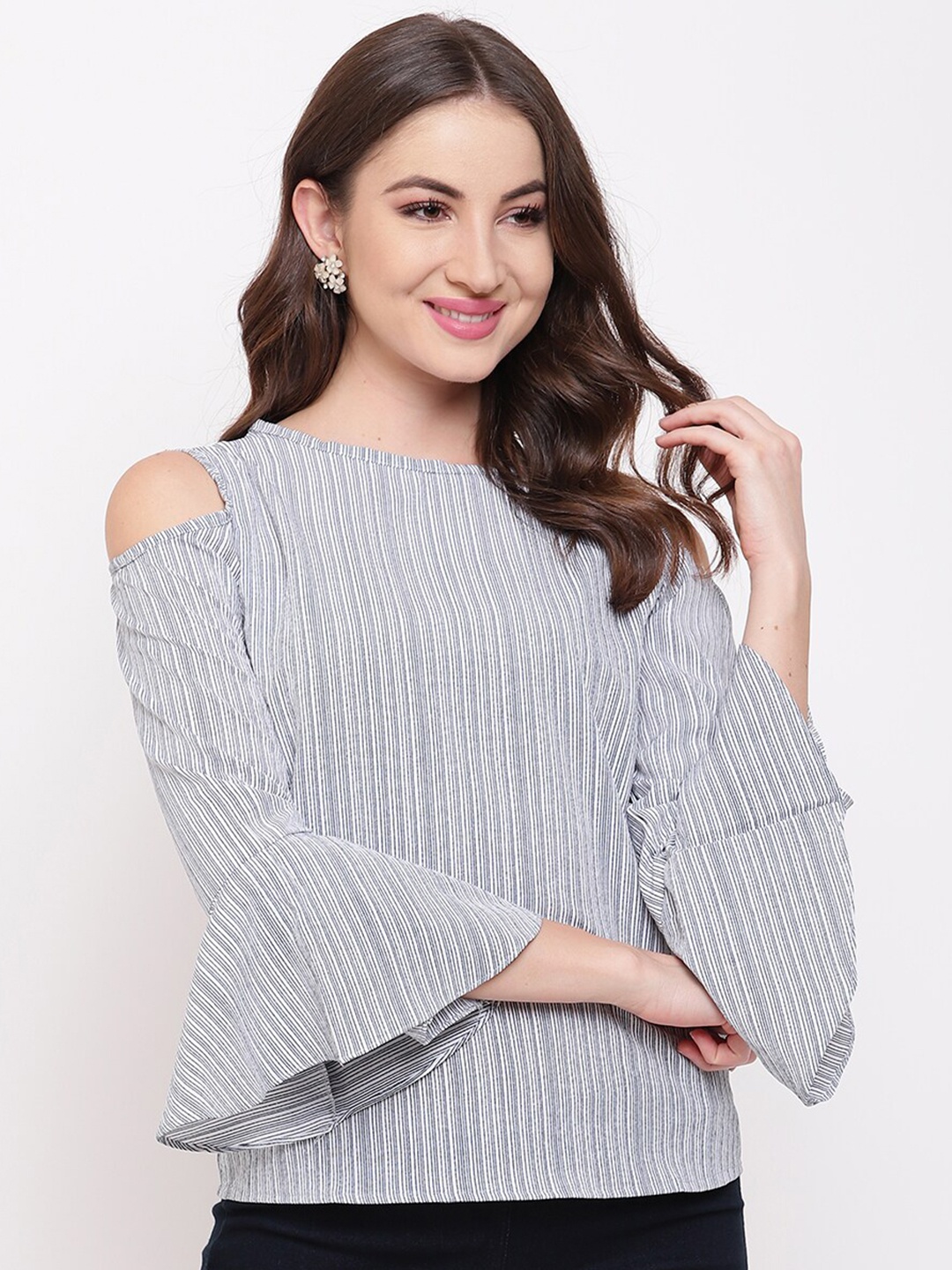 

Mayra Striped Bell Sleeves Boat Neck Top, Grey