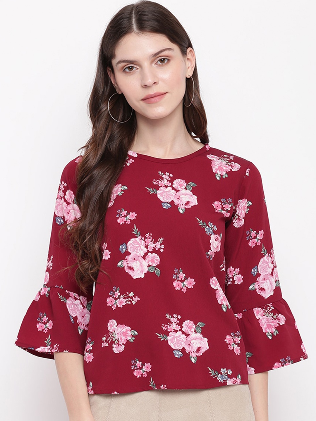 

Mayra Floral Printed Bell Sleeves Boat Neck Top, Maroon