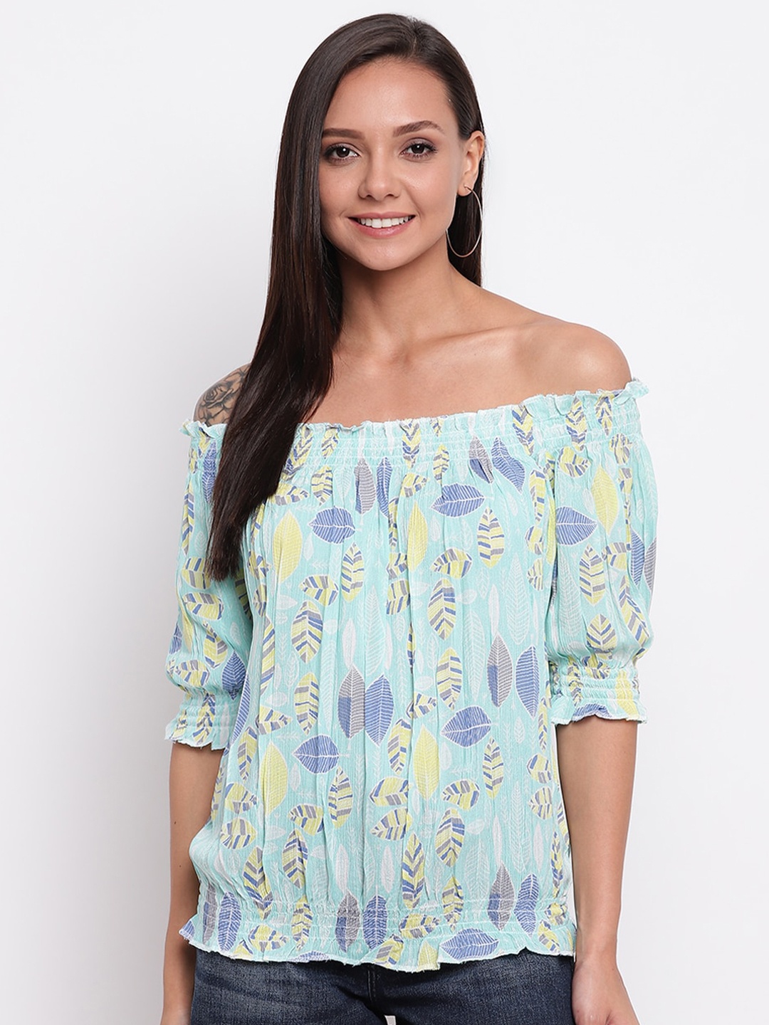 

Mayra Floral Printed Off-Shoulder Bardot Top, Sea green