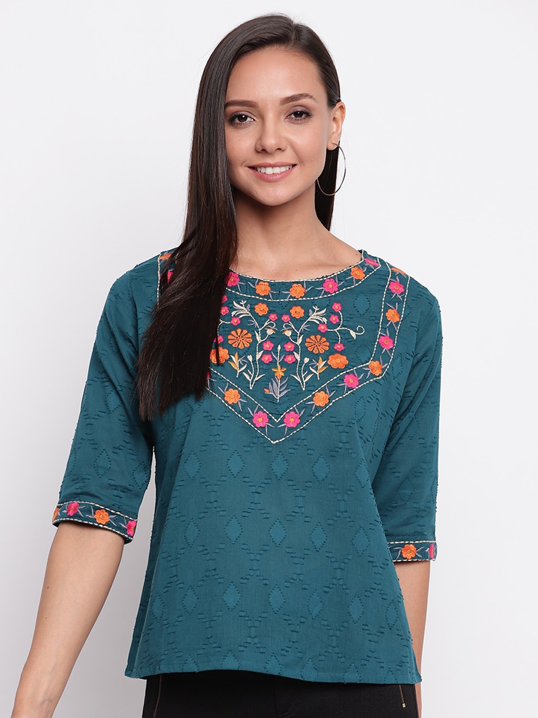 

Mayra Self Design Embroidered Detail Top, Teal