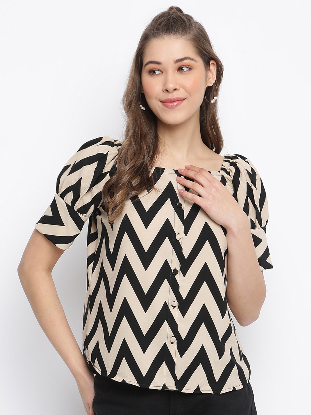 

Mayra Square Neck Chevron Printed Top, Beige
