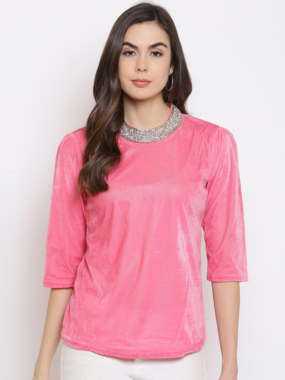 

Mayra Round Neck Embellished Top, Pink