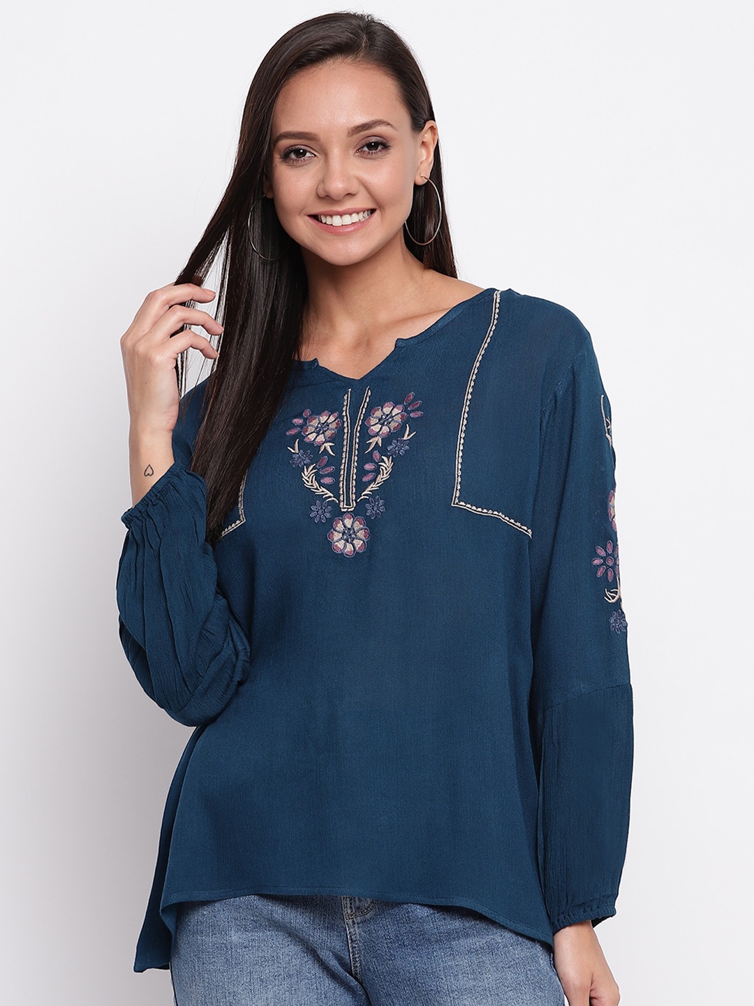 

Mayra Embroidered High-Low Top, Blue