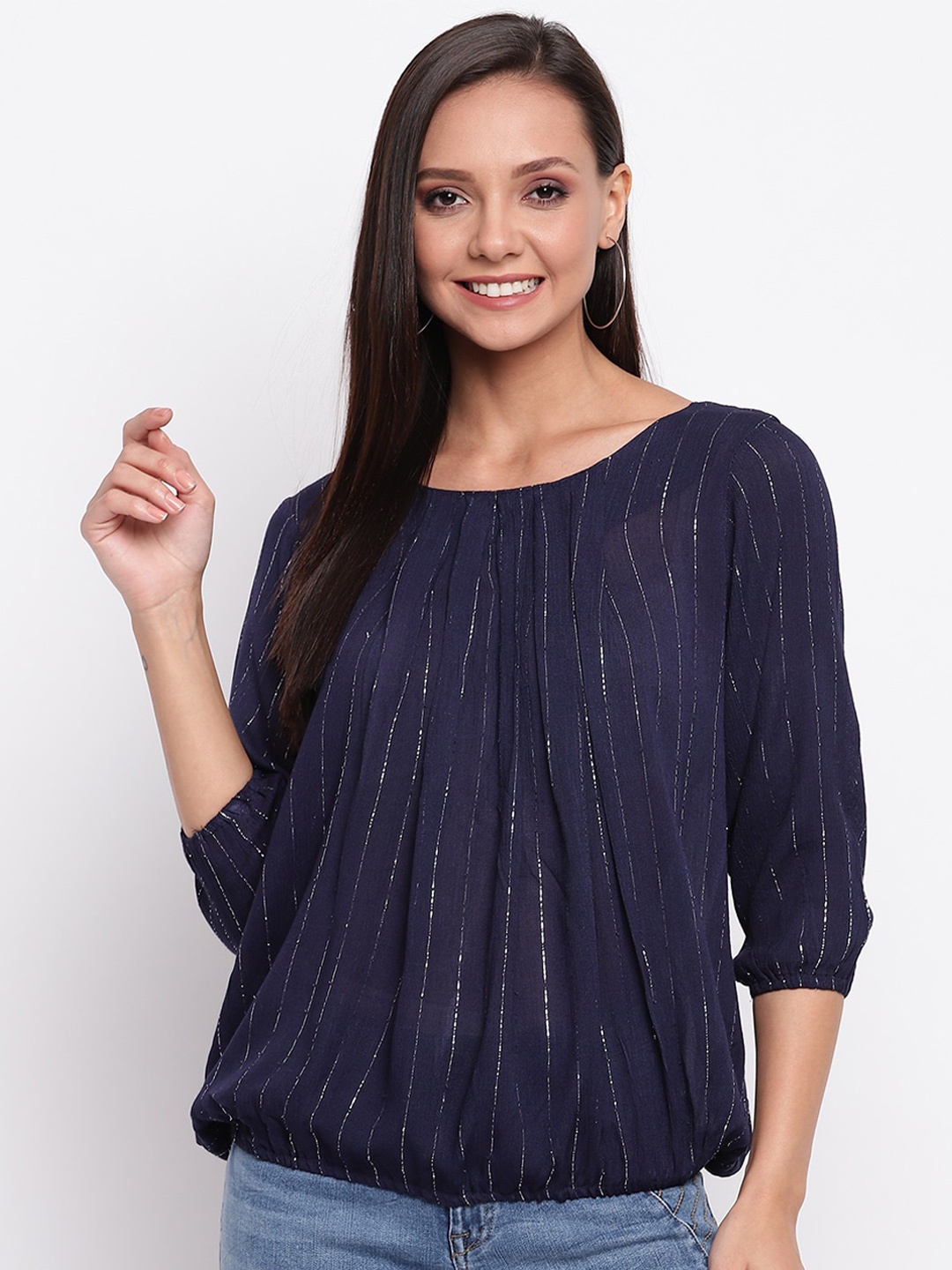 

Mayra Puff Sleeves Blouson Top, Navy blue