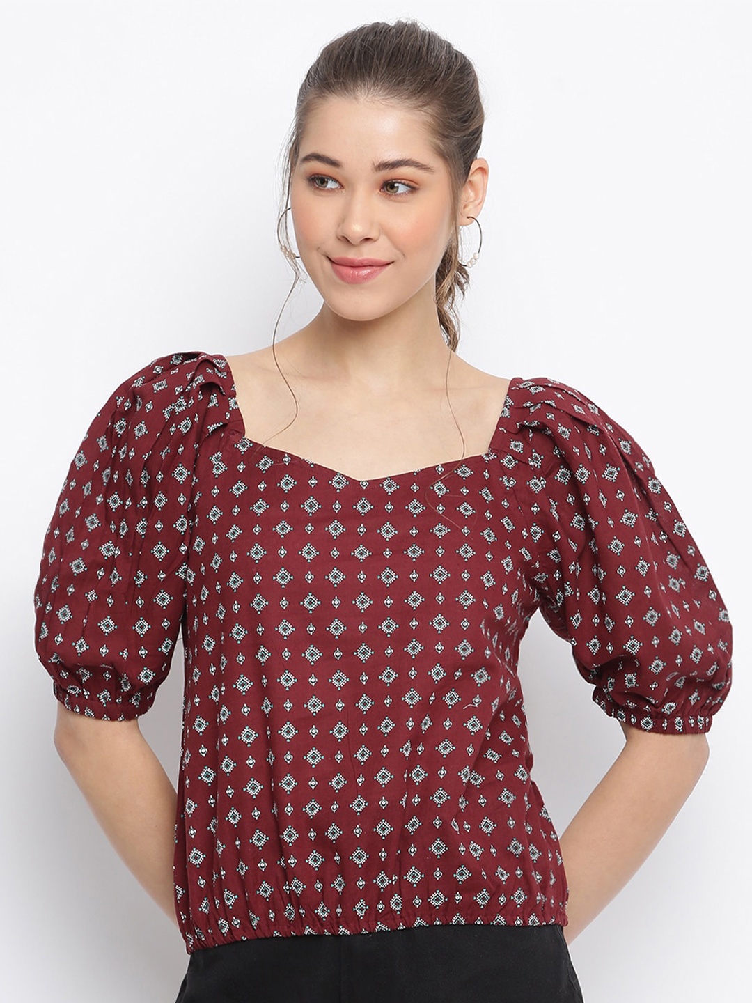 

Mayra Floral Print Sweetheart Neck Top, Maroon