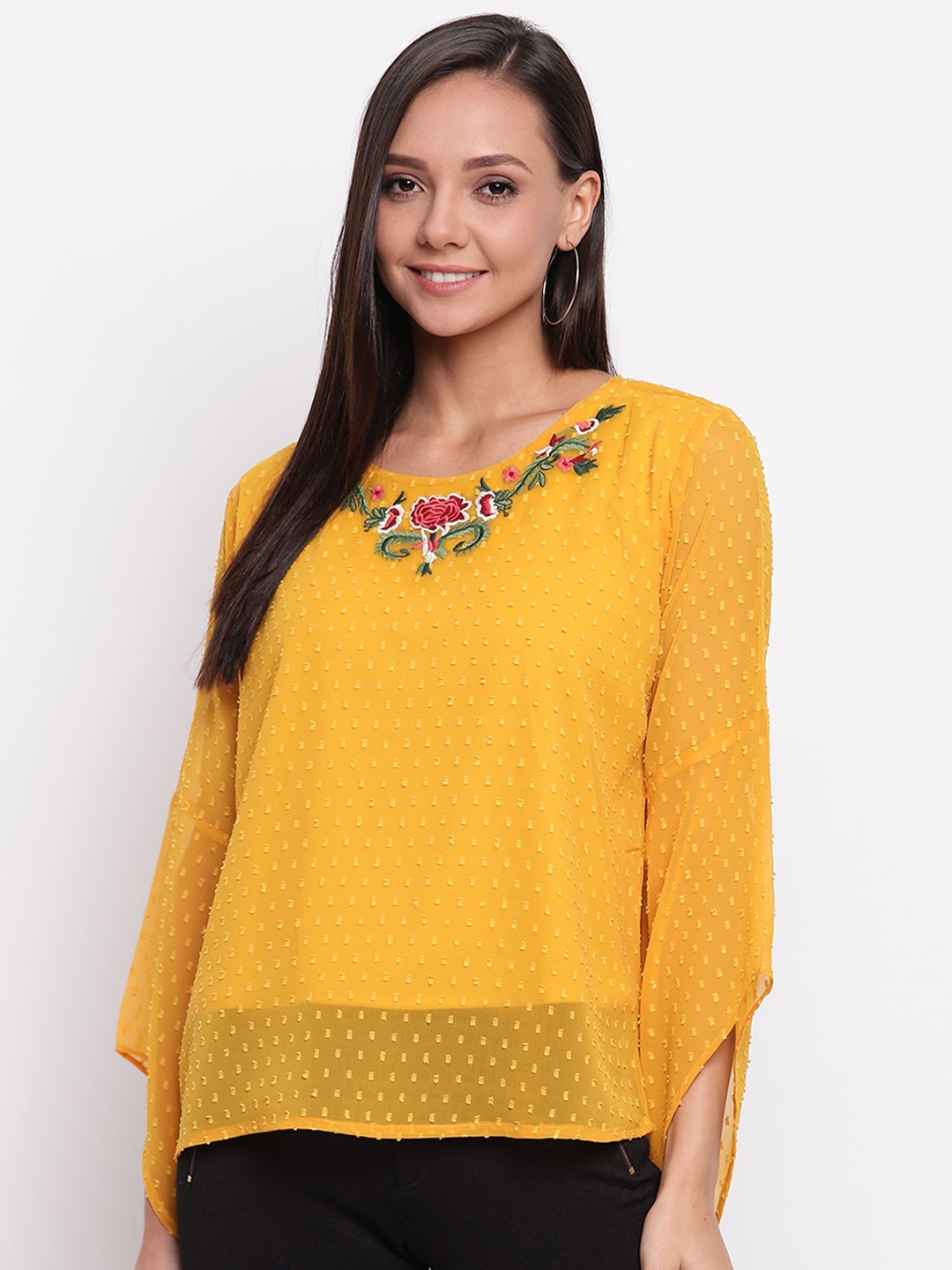 

Mayra Floral Embroidered Bell Sleeves Dobby Top, Yellow