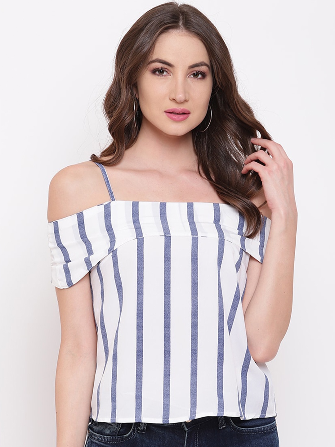 

Mayra Shoulder Straps Striped Bardot Top, White