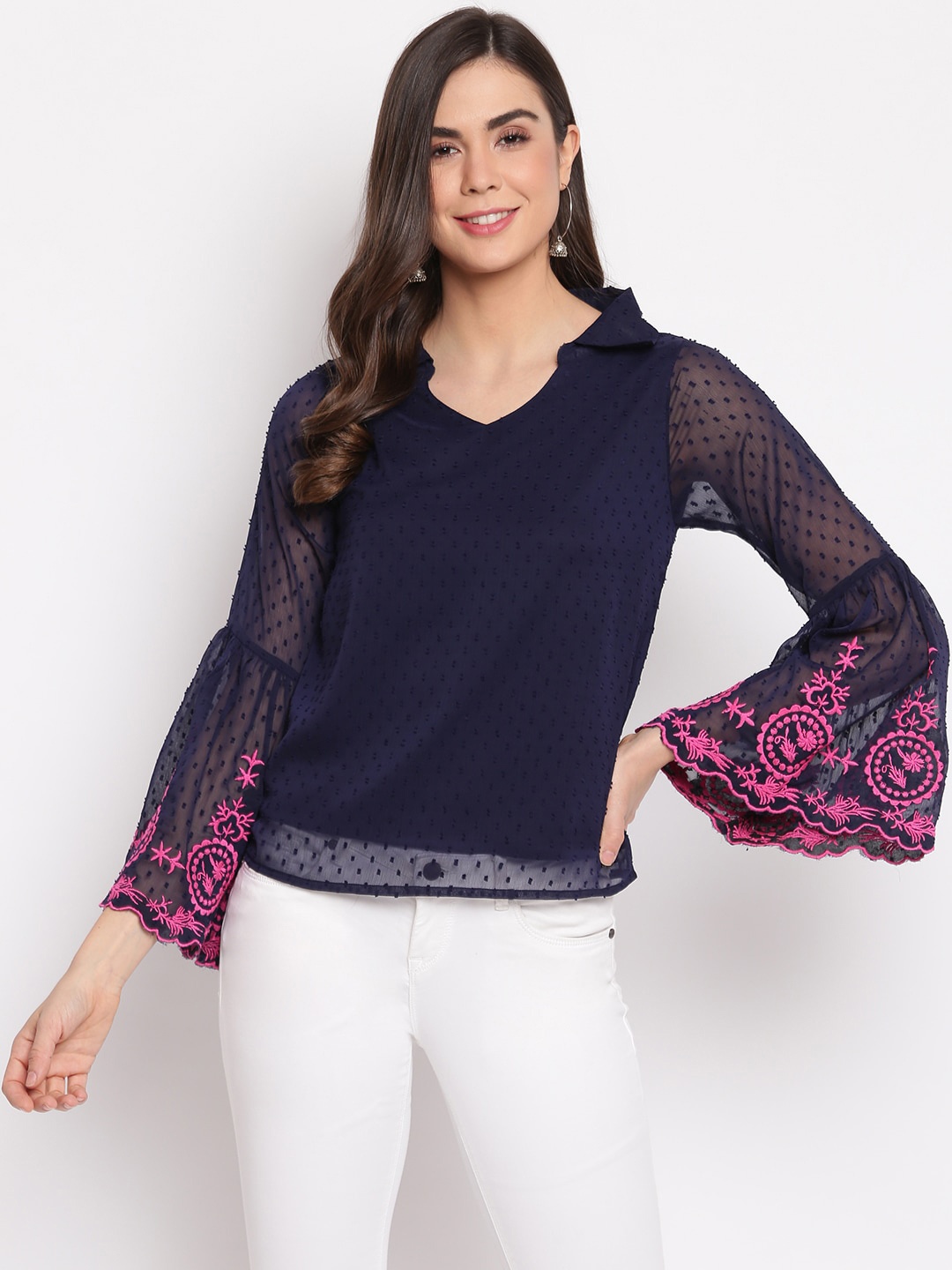 

Mayra Bell Sleeves Georgette Top, Navy blue