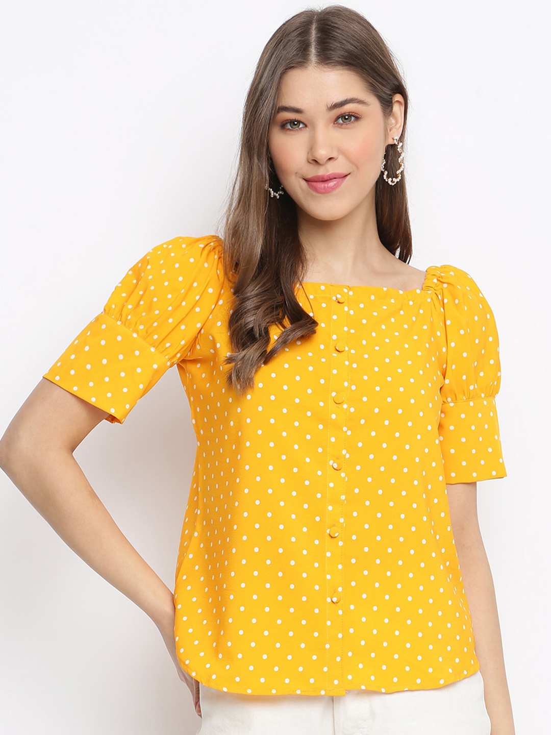 

Mayra Puff Sleeves Print Crepe Top, Yellow