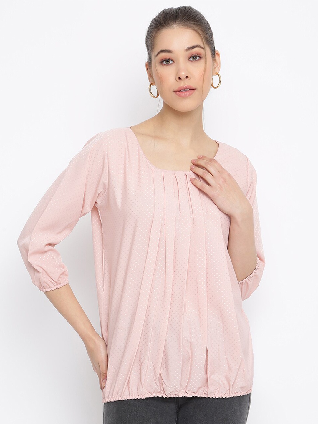 

Mayra Self Design Round Neck Crepe Blouson Top, Pink