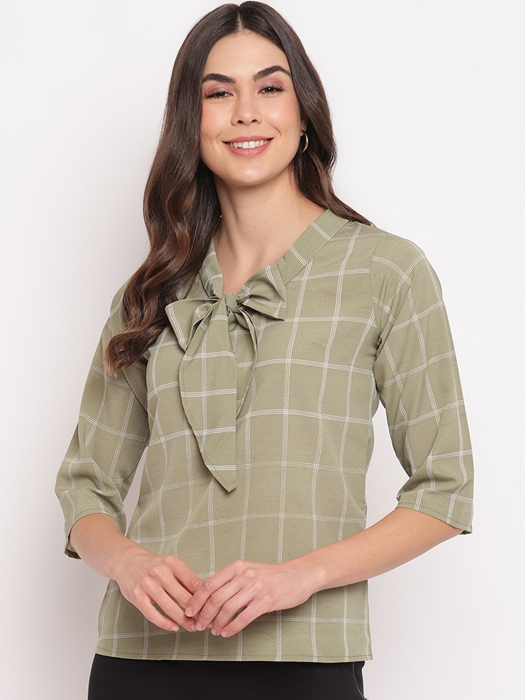 

Mayra Checked Tie-Up Neck Crepe Top, Olive
