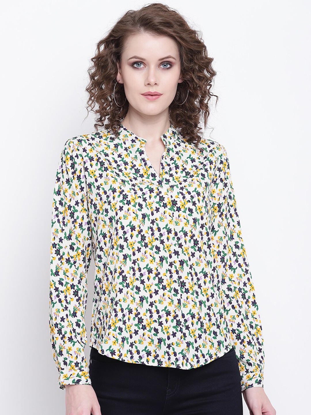 

Mayra Geometric Printed Mandarin Collar Shirt Style Top, Off white