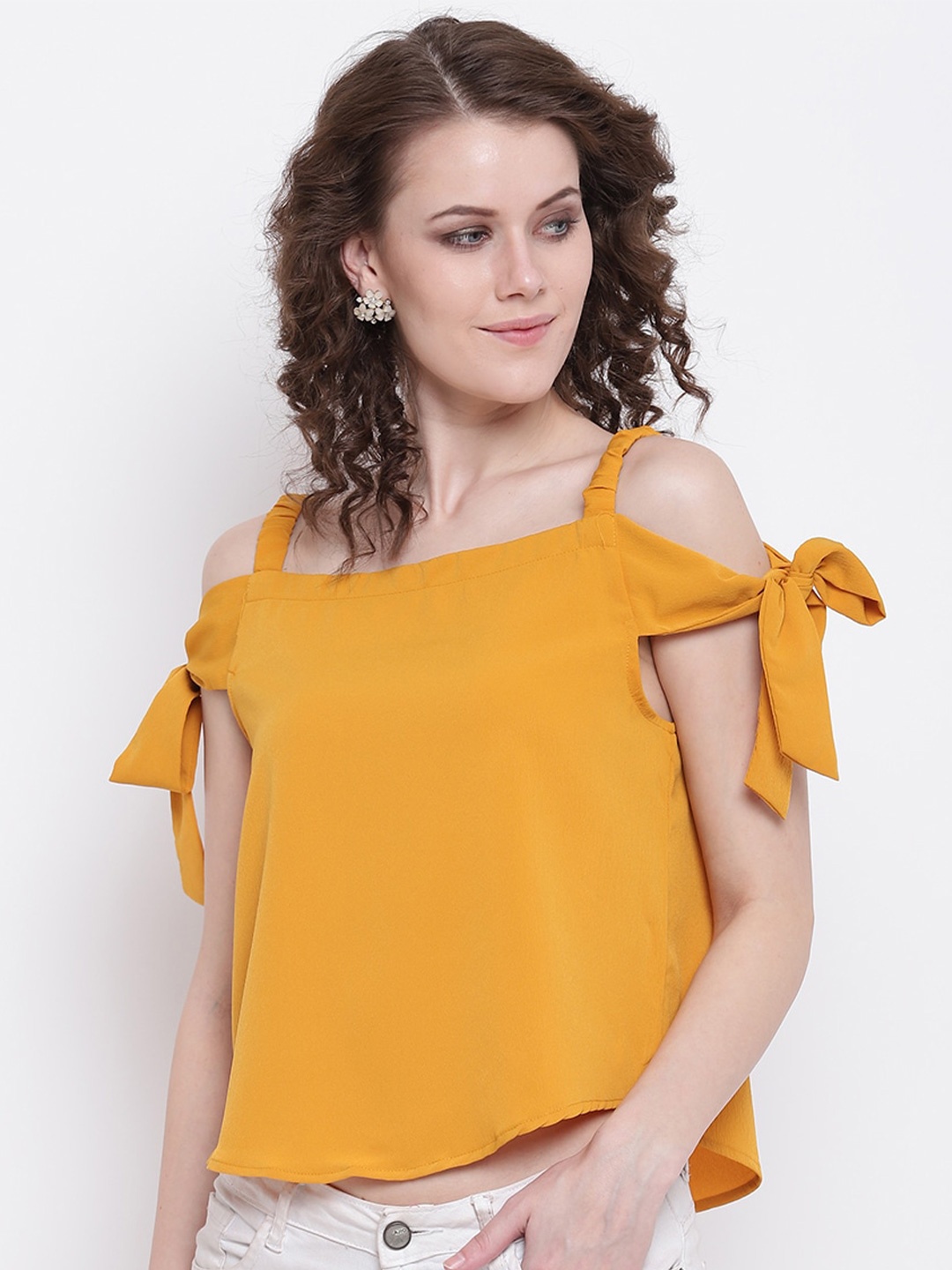 

Mayra Shoulder Straps Cold-Shoulder Tie- Up Crepe Top, Yellow