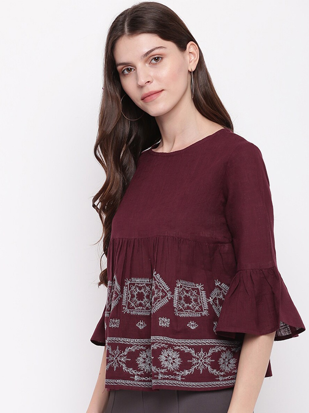 

Mayra Ethnic Motifs Printed Pure Cotton Top, Coffee brown