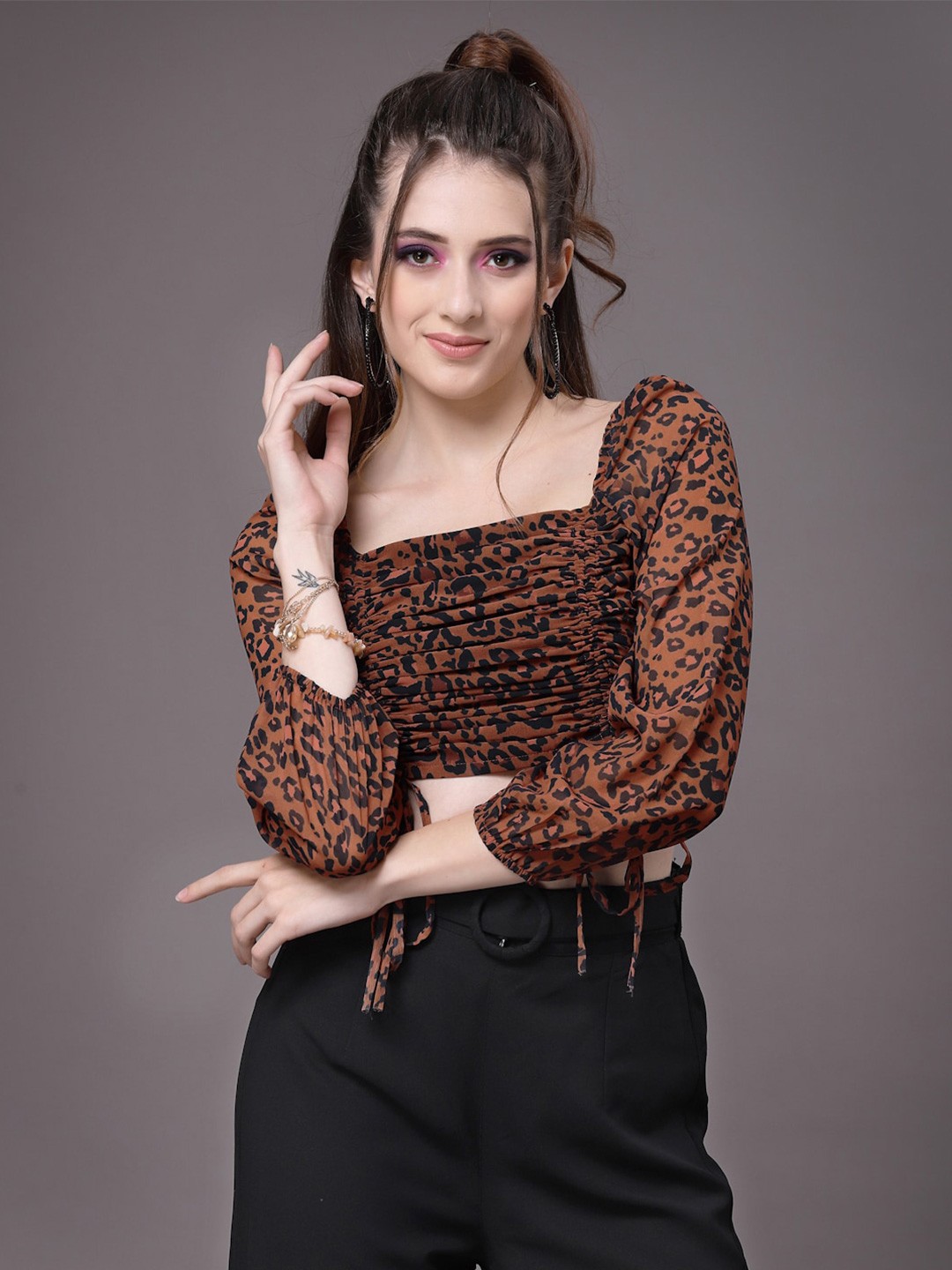 

Selvia Animal Printed Ruched Detail Georgette Crop Top, Brown