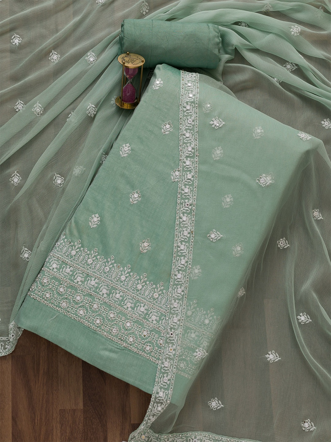 

Koskii Green & Silver-Toned Embroidered Unstitched Dress Material