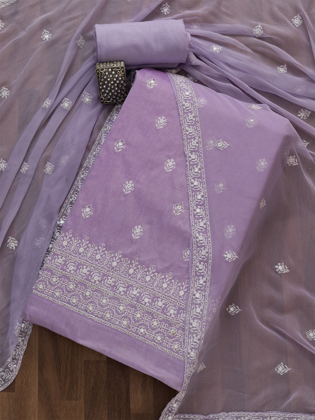 

Koskii Embroidered Sequinned Unstitched Dress Material, Lavender