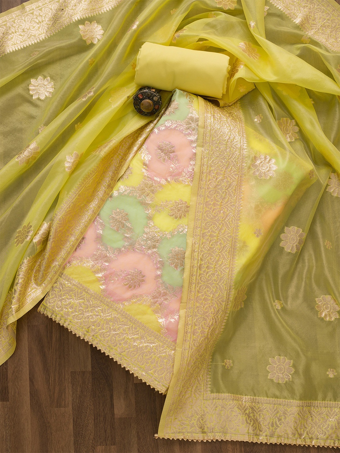 

Koskii Art Silk Unstitched Dress Material, Yellow