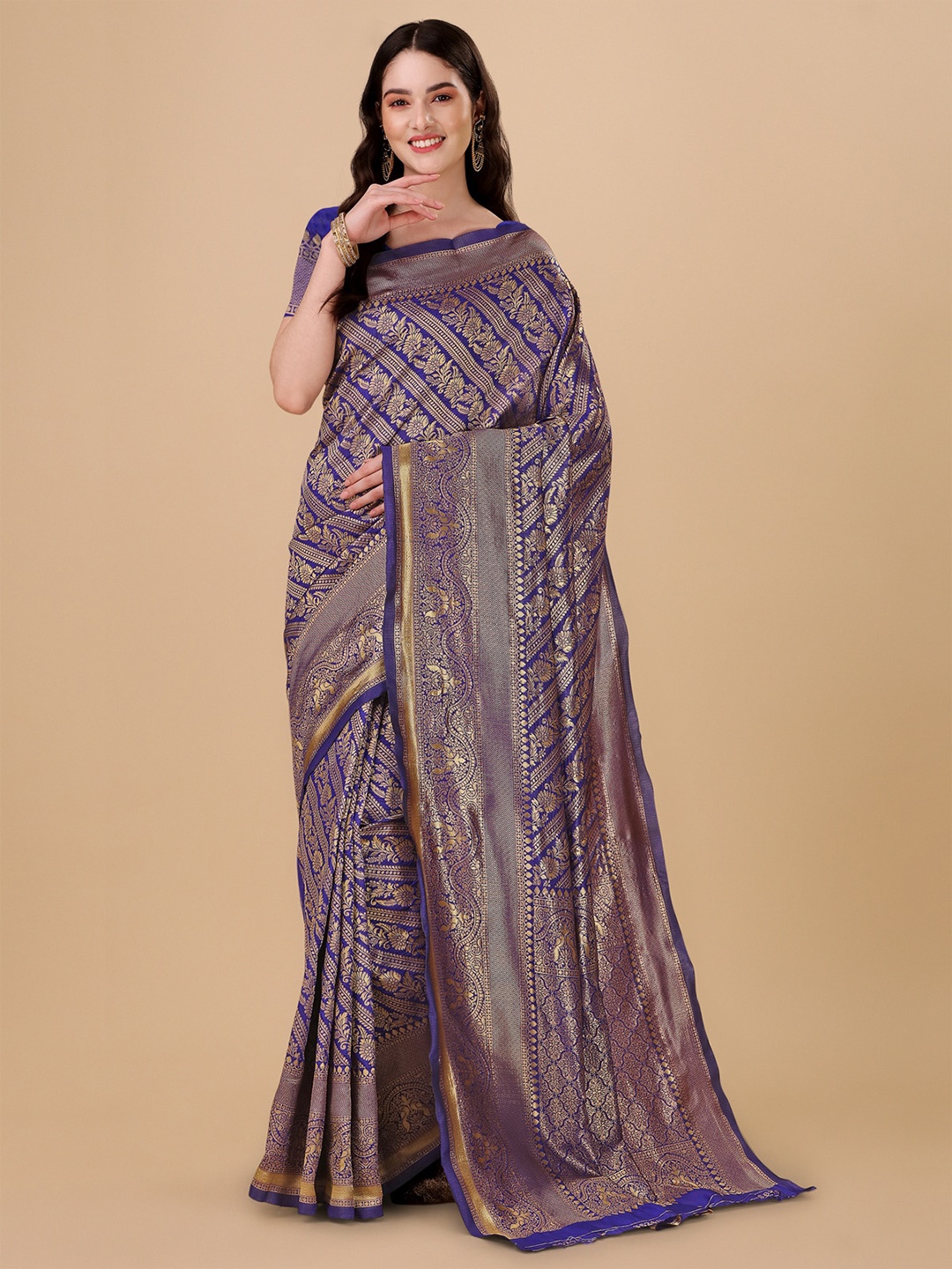 

Jinax Floral Motif Woven Design Zari Pure Silk Leheriya Saree, Blue