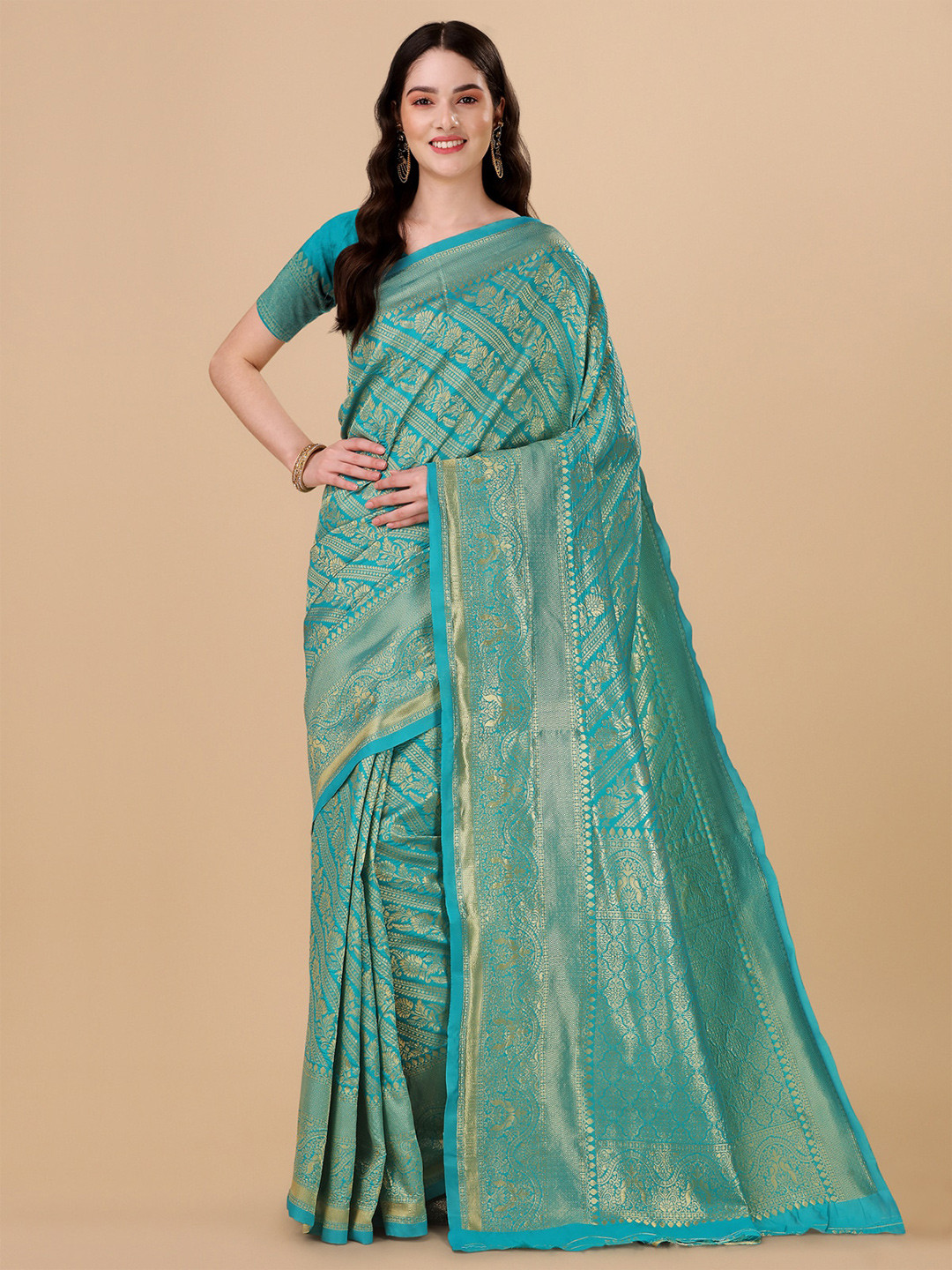 

Jinax Floral Woven Design Zari Pure Silk Leheriya Saree, Sea green