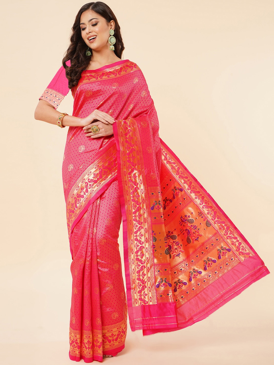 

Jinax Ethinic Motif Woven Design Zari Pure Silk Paithani Saree, Pink