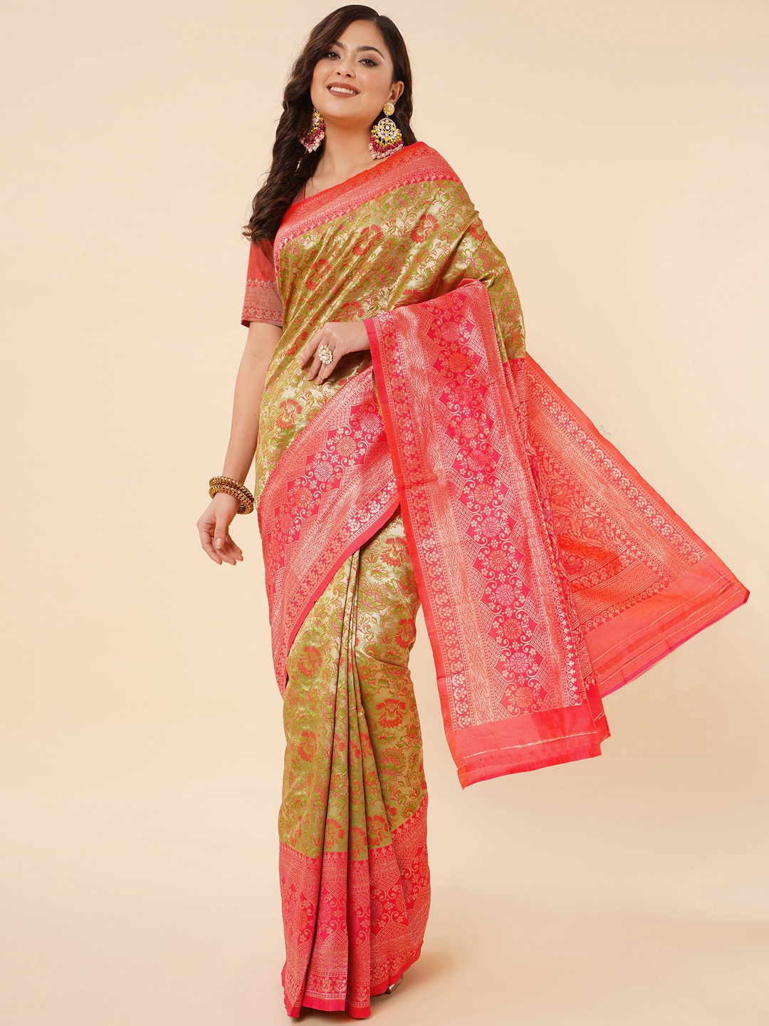 

Jinax Floral Woven Design Zari Pure Silk Banarasi Saree, Lime green