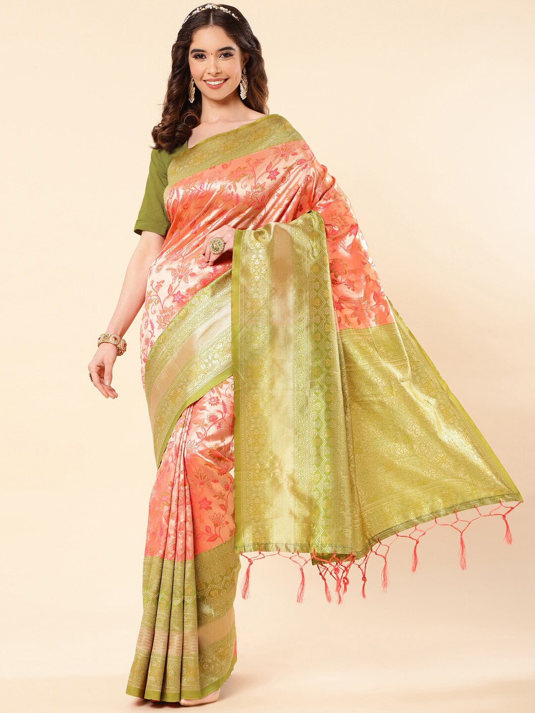 

Jinax Floral Woven Design Zari Pure Silk Banarasi Saree, Peach