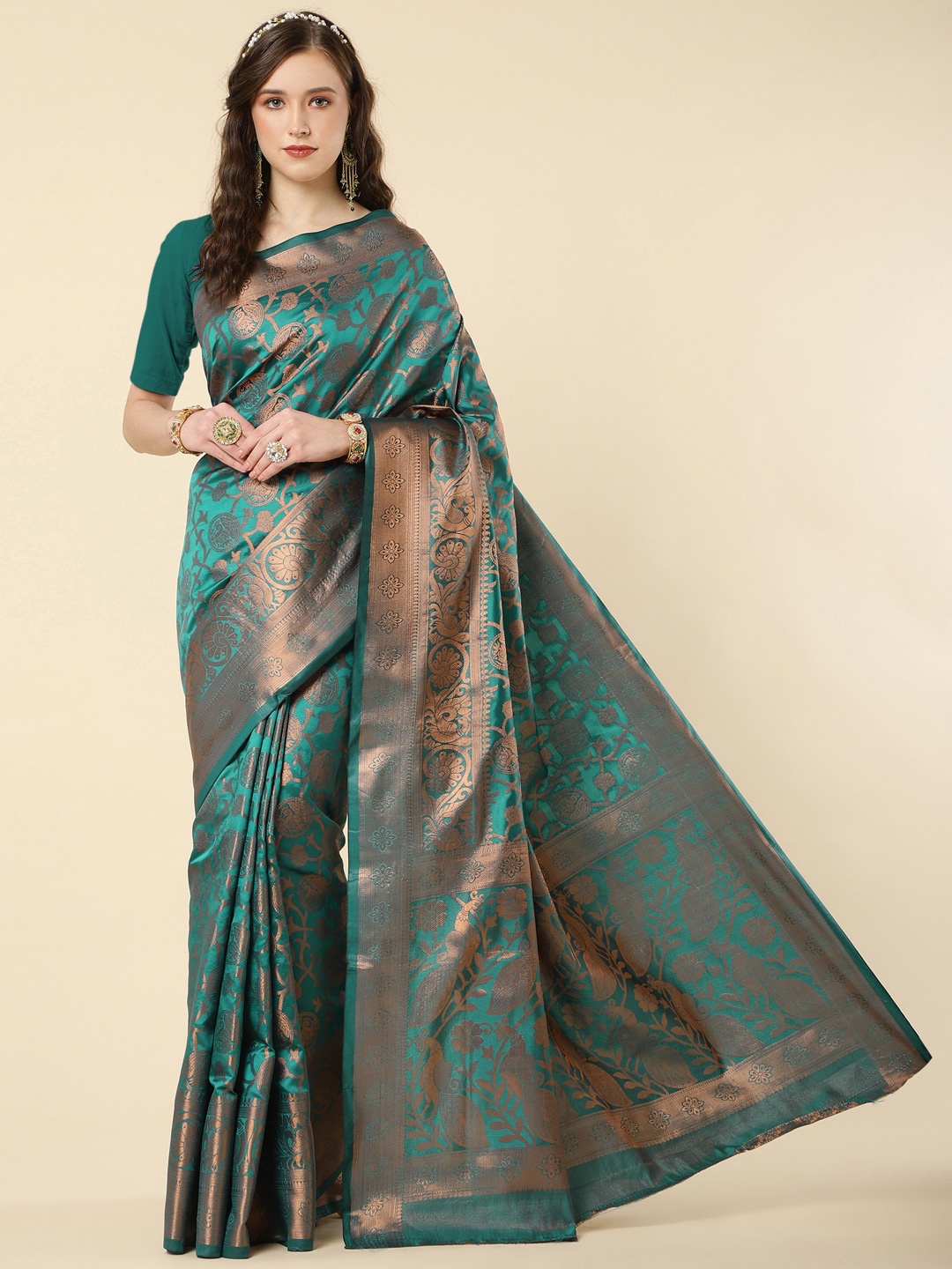 

Jinax Ethnic Motifs Woven Design Zari Pure Silk Banarasi Saree, Sea green