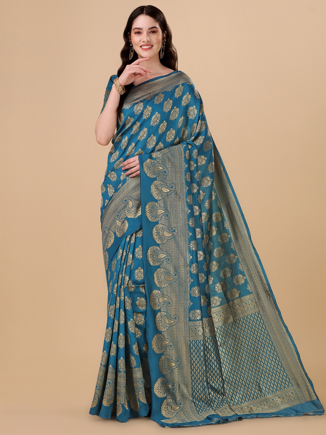 

Jinax Floral Woven Design Zari Pure Silk Banarasi Saree, Teal