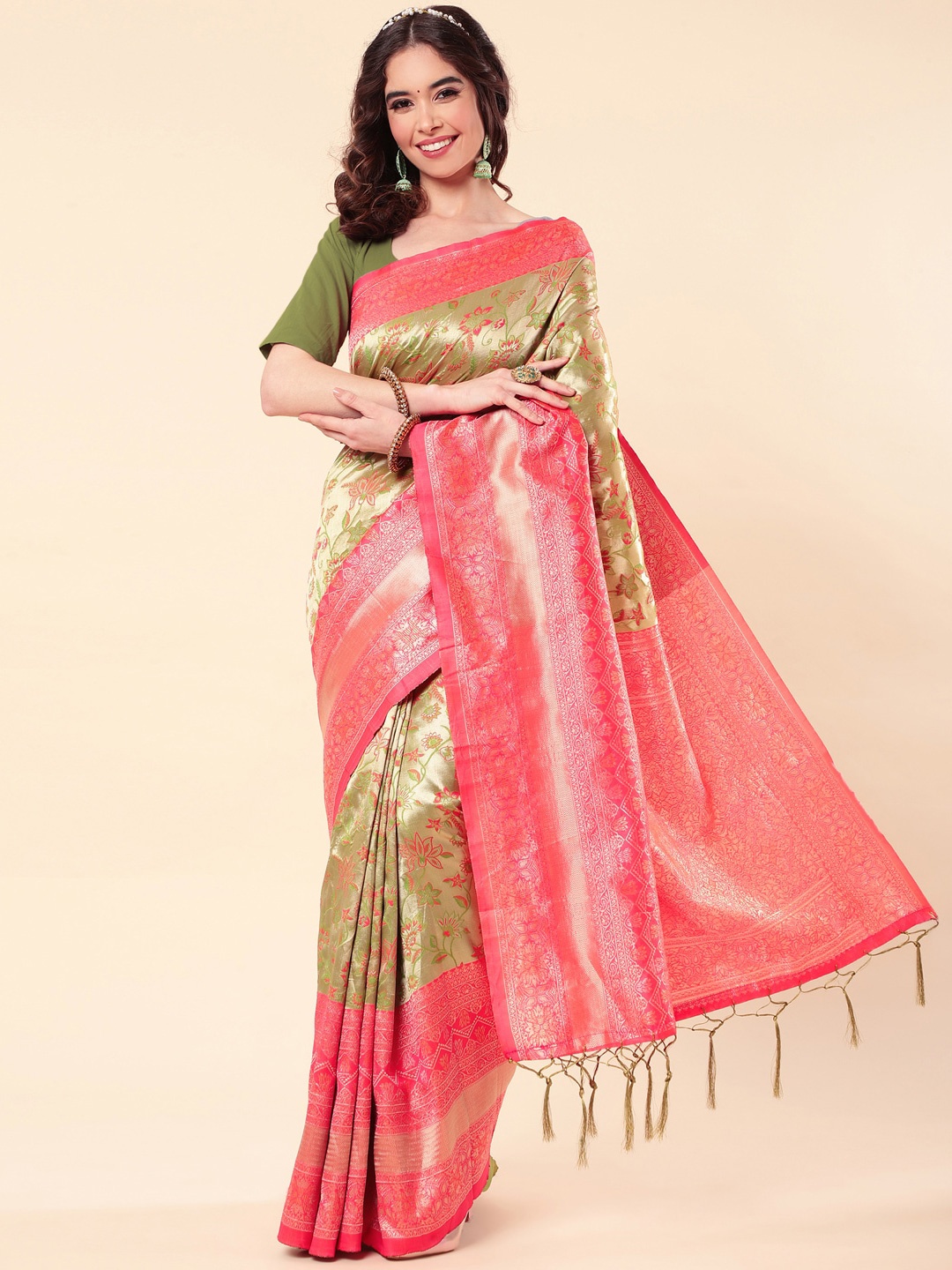 

Jinax Floral Zari Pure Silk Banarasi Saree, Green