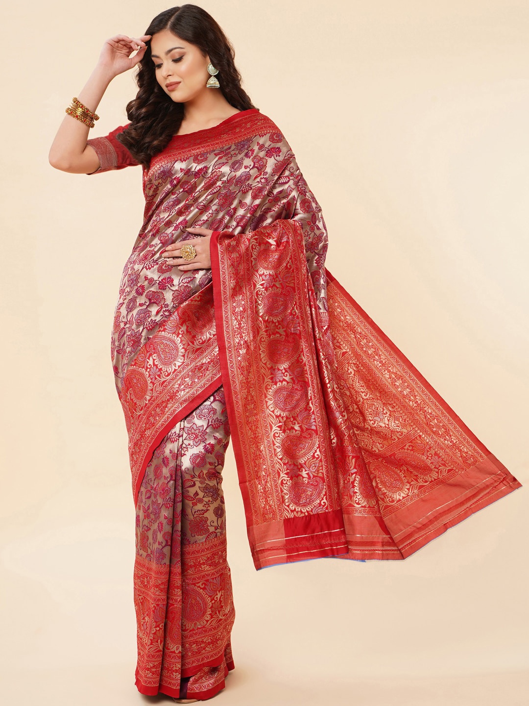 

Jinax Floral Woven Design Zari Pure Silk Banarasi Saree, Purple