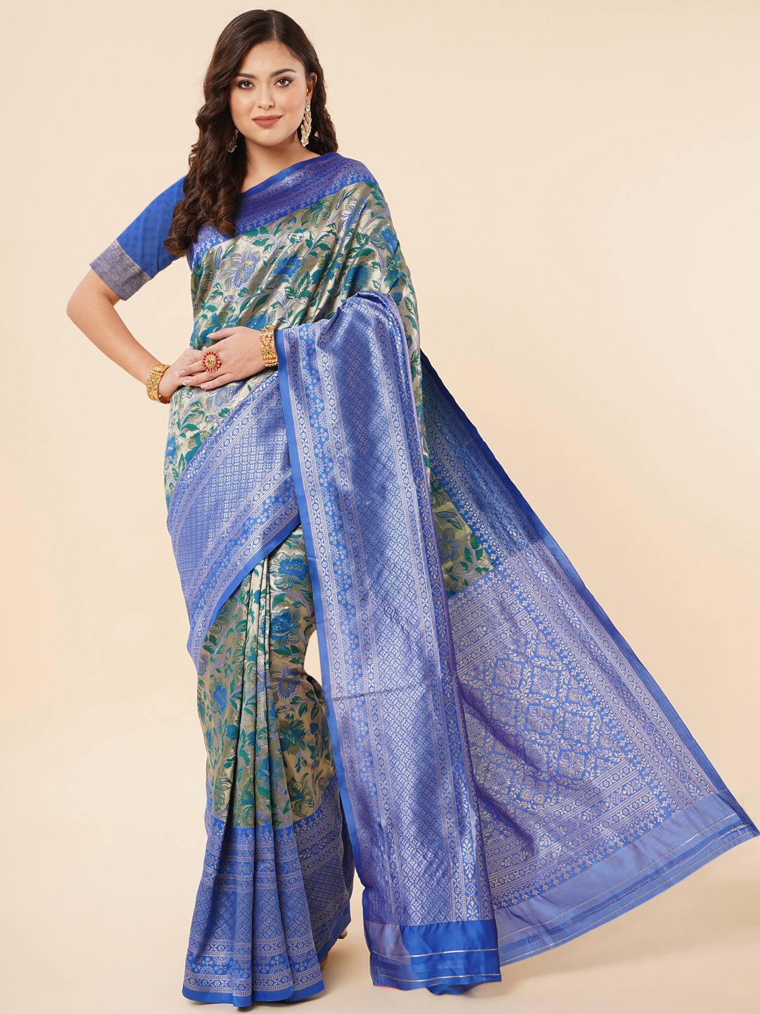 

Jinax Floral Zari Pure Silk Banarasi Saree, Green