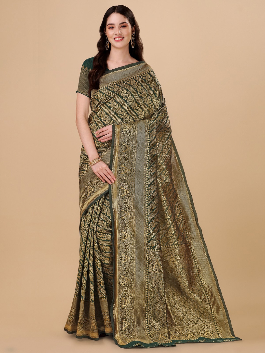 

Jinax Floral Motif Woven Design Zari Pure Silk Saree, Green