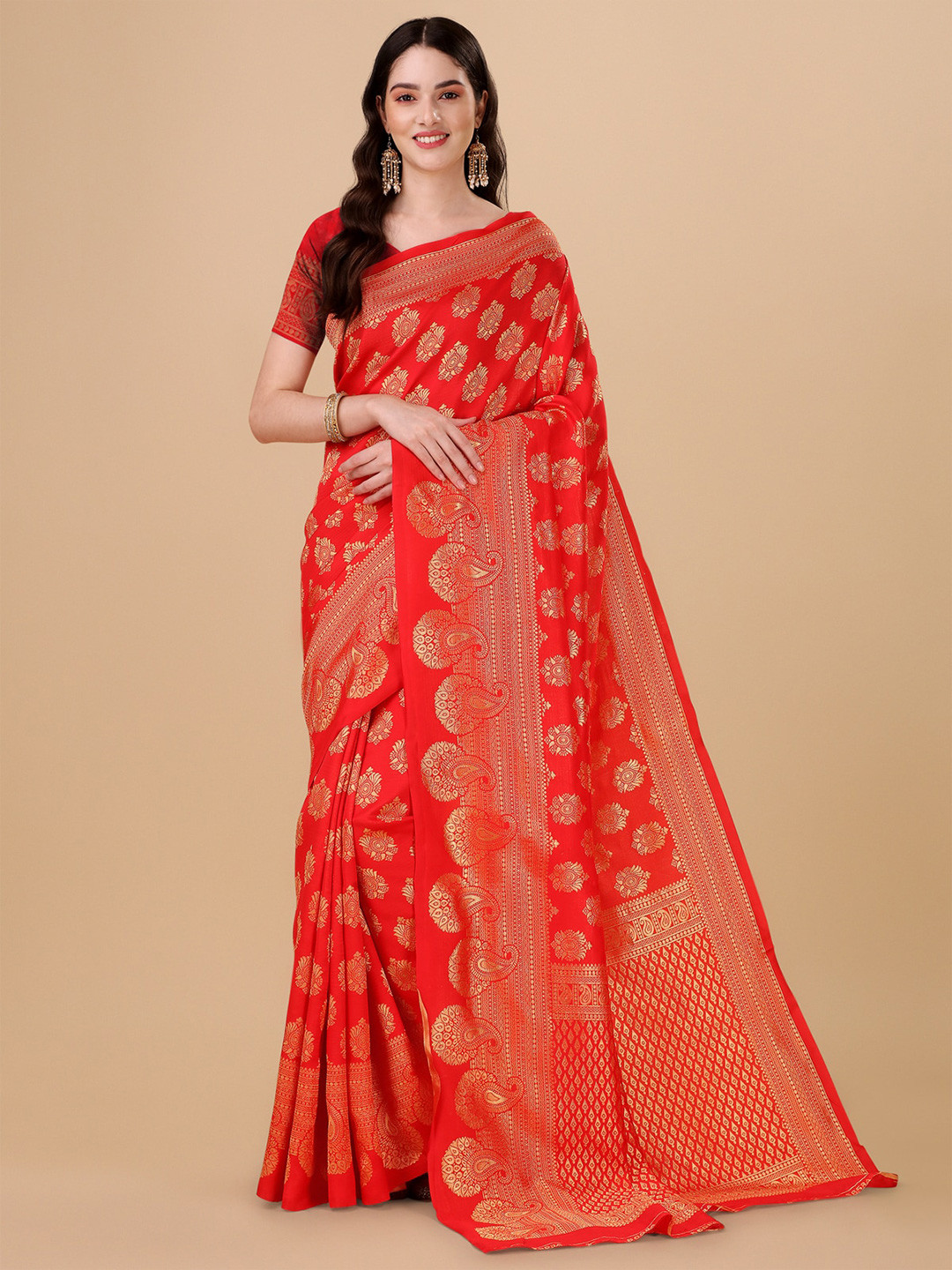 

Jinax Ethnic Motif Woven Design Zari Pure Silk Banarasi Saree, Red