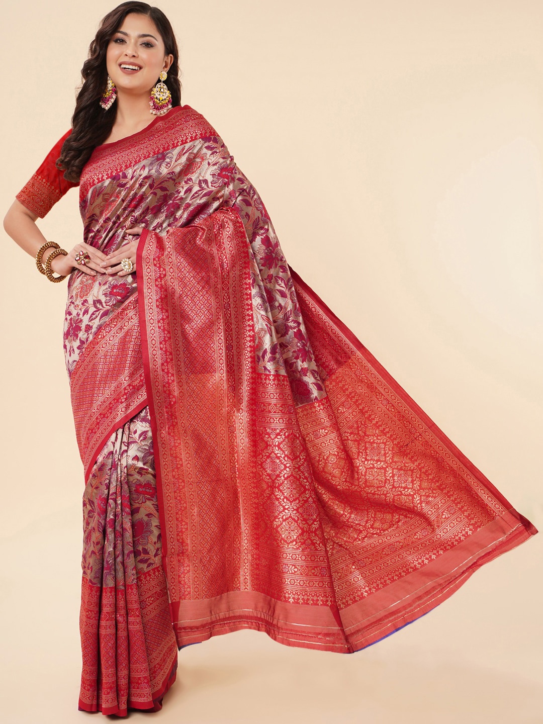 

Jinax Ethnic Motifs Woven Design Zari Pure Silk Banarasi Saree, Red