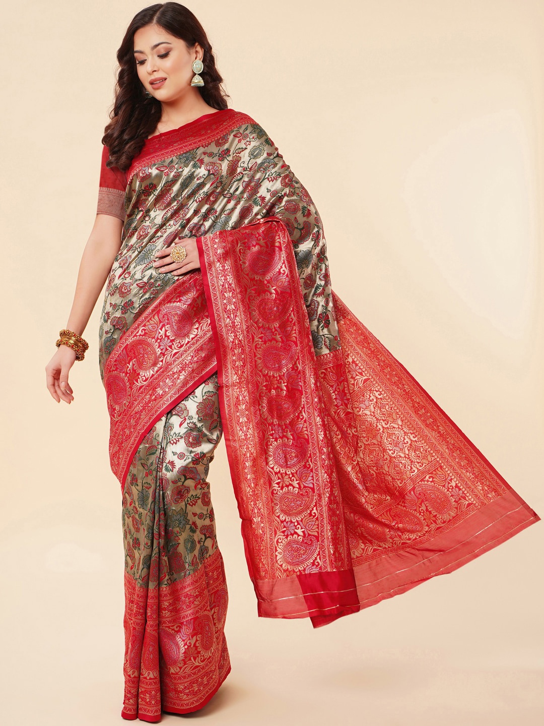 

Jinax Floral Woven Design Zari Pure Silk Banarasi Saree, Green