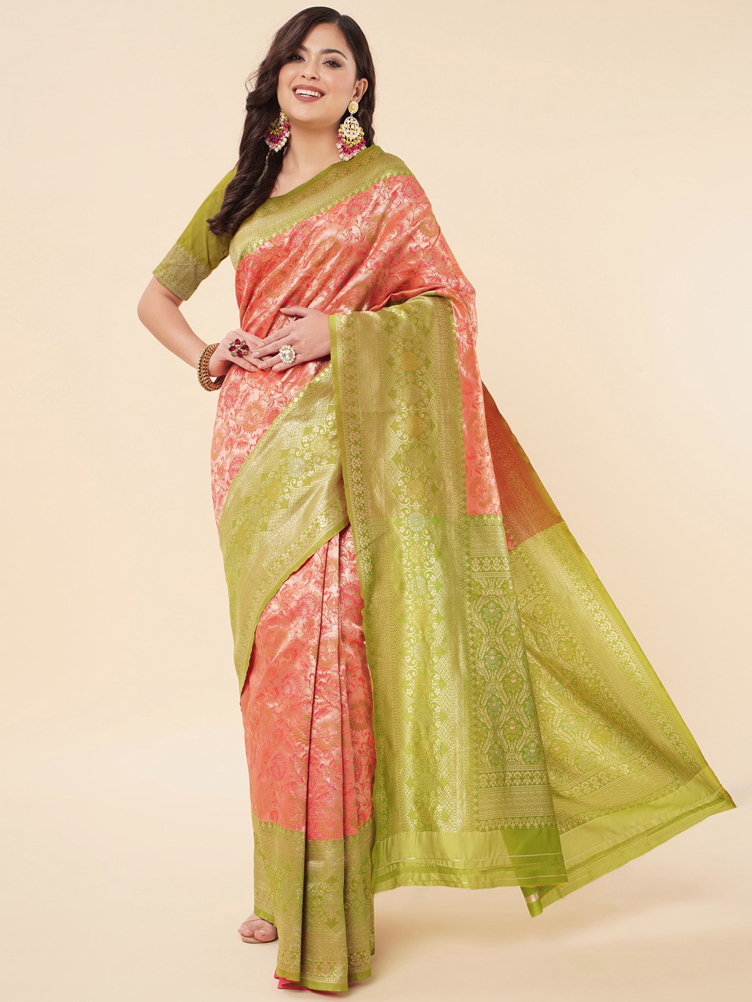 

Jinax Floral Woven Design Zari Pure Silk Banarasi Saree, Coral