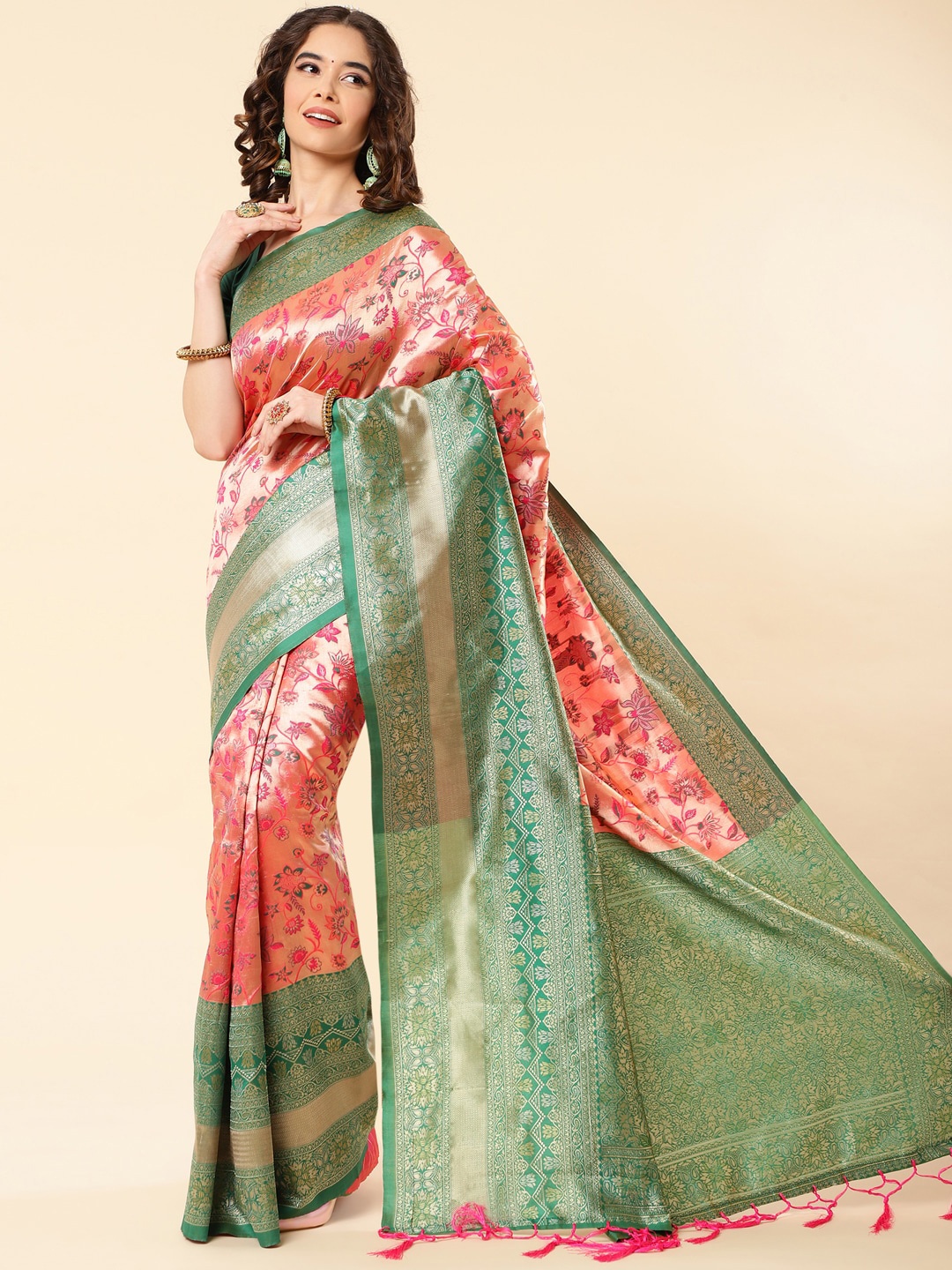 

Jinax Ethnic Motifs Woven Design Zari Pure Silk Banarasi Saree, Pink