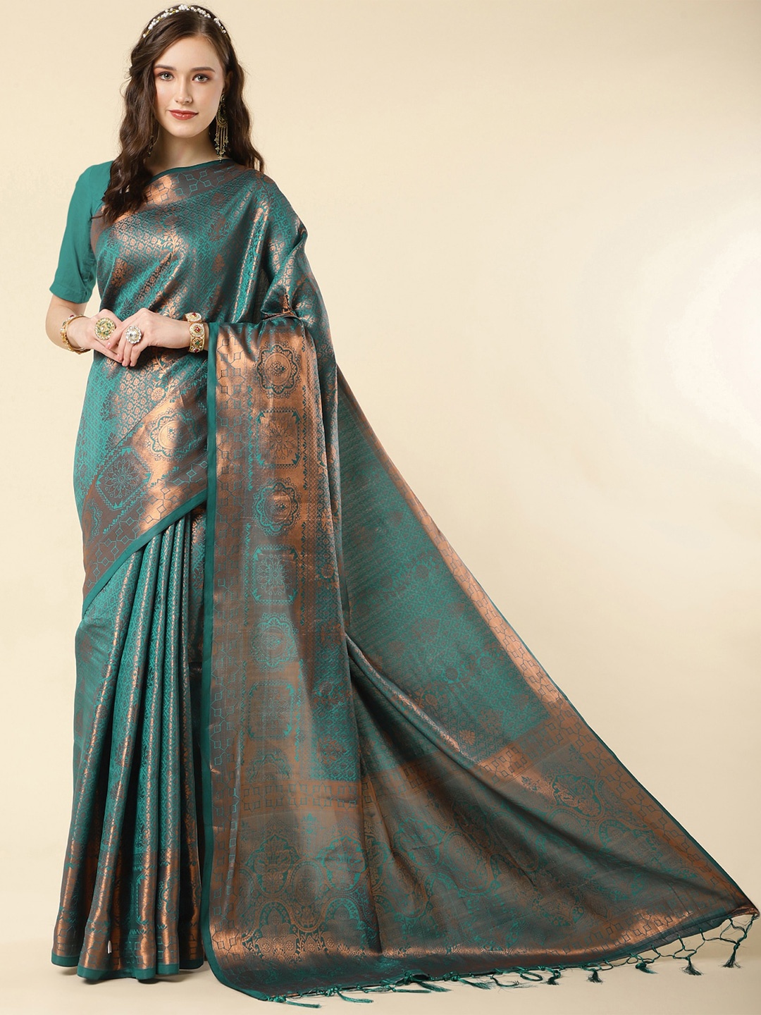 

Jinax Floral Motif Woven Design Zari Pure Silk Banarasi Saree, Green