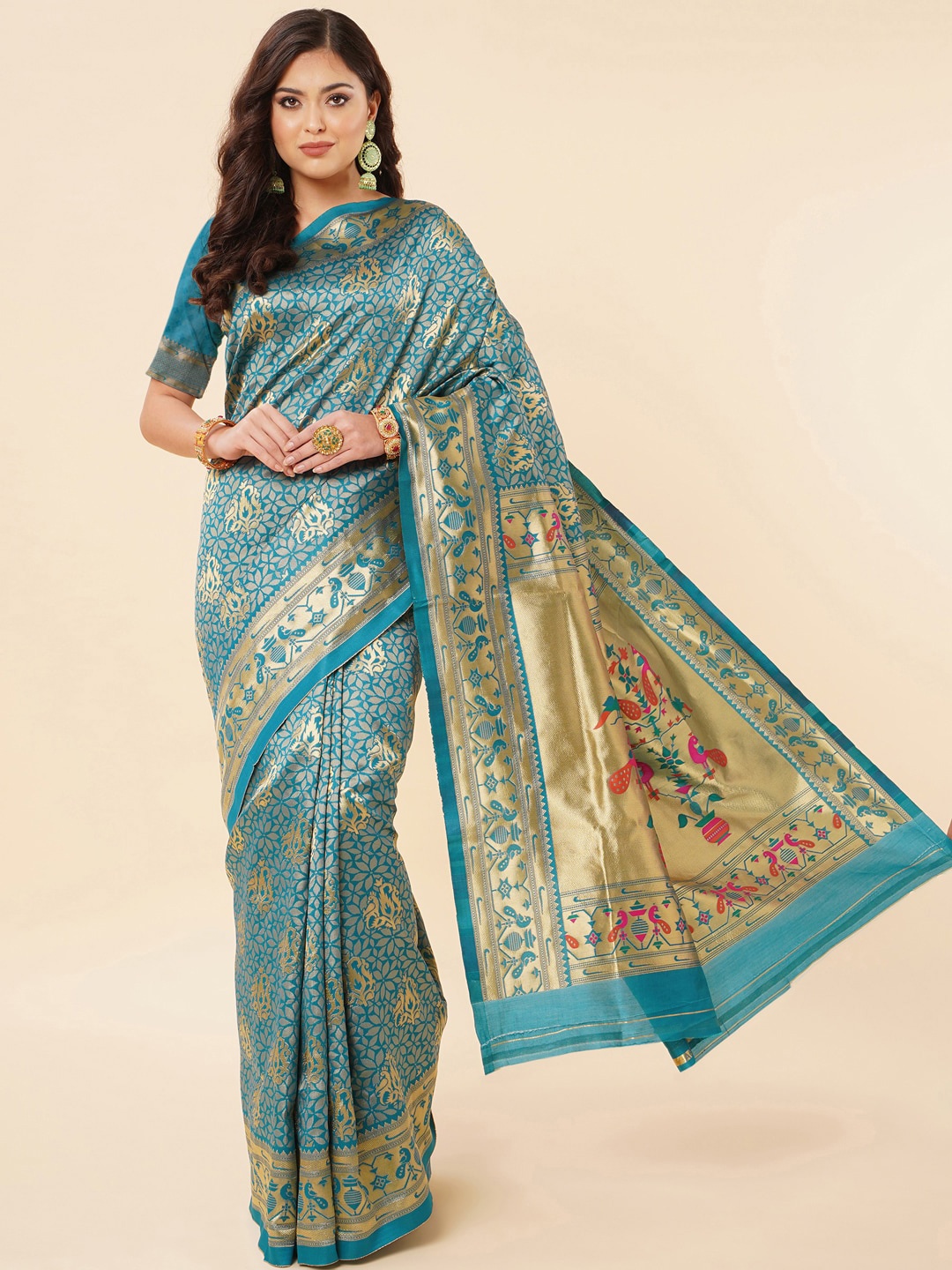 

Jinax Ethnic Motifs Woven Design Zari Pure Silk Paithani Saree, Blue