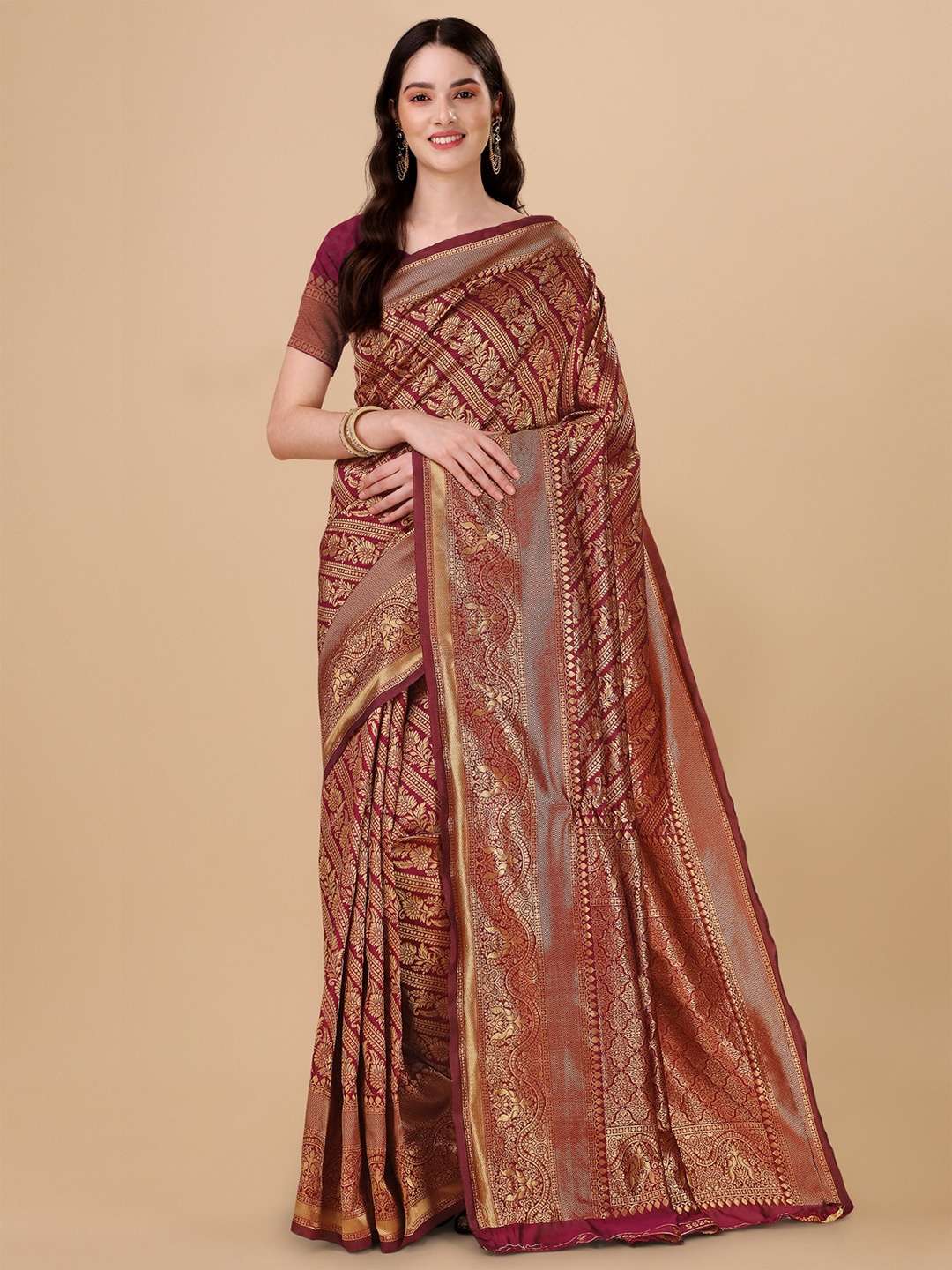 

Jinax Floral Woven Design Zari Pure Silk Saree, Maroon