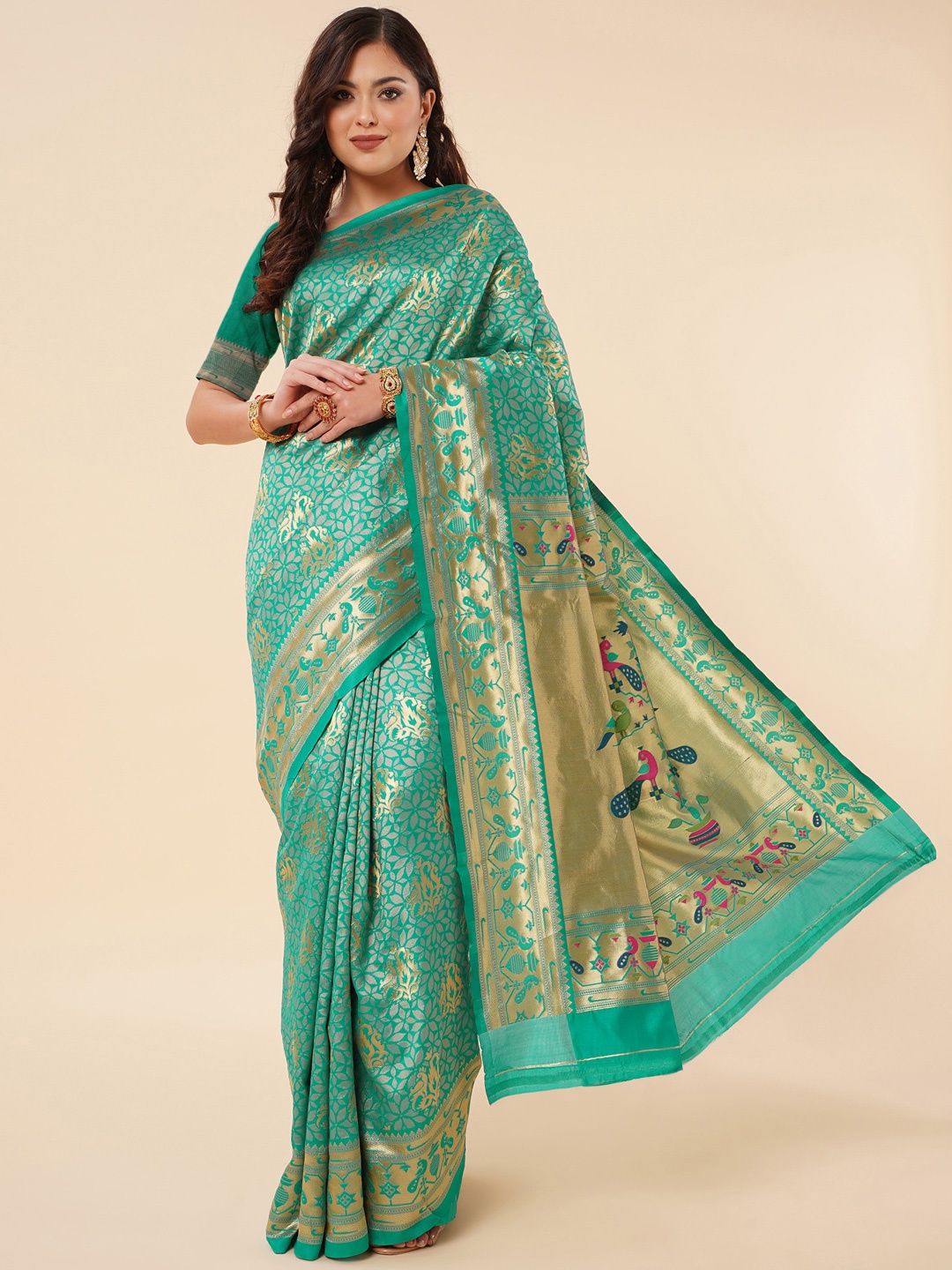 

Jinax Ethnic Motif Woven Design Zari Pure Silk Paithani Saree, Green
