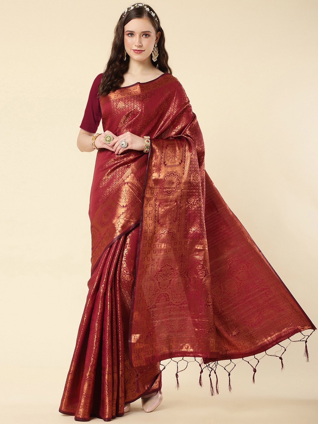 

Jinax Ethinic motif Woven Design Zari Pure Silk Banarasi Saree, Maroon