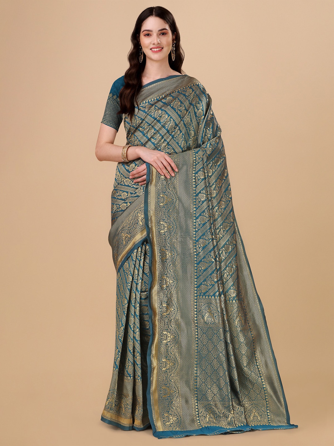 

Jinax Floral Motif Woven Design Zari Pure Silk Saree, Teal